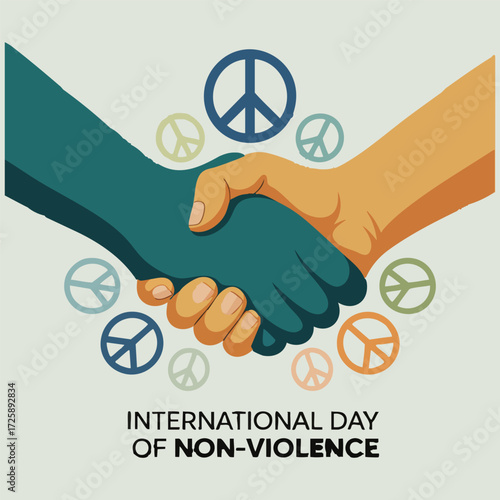 Scalable vector illustration of dove in geometric sky, globe with peace symbols, group holding hands circle, and abstract harmony elements, perfect for International Day of Non-Violence campaigns.