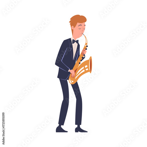 Man Musician Character Play Saxophone Musical Instrument Standing on Stage Vector Illustration