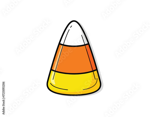 A colorful cartoon vector illustration of a single piece of candy corn, the iconic tri-colored sweet for Halloween and autumn festivities