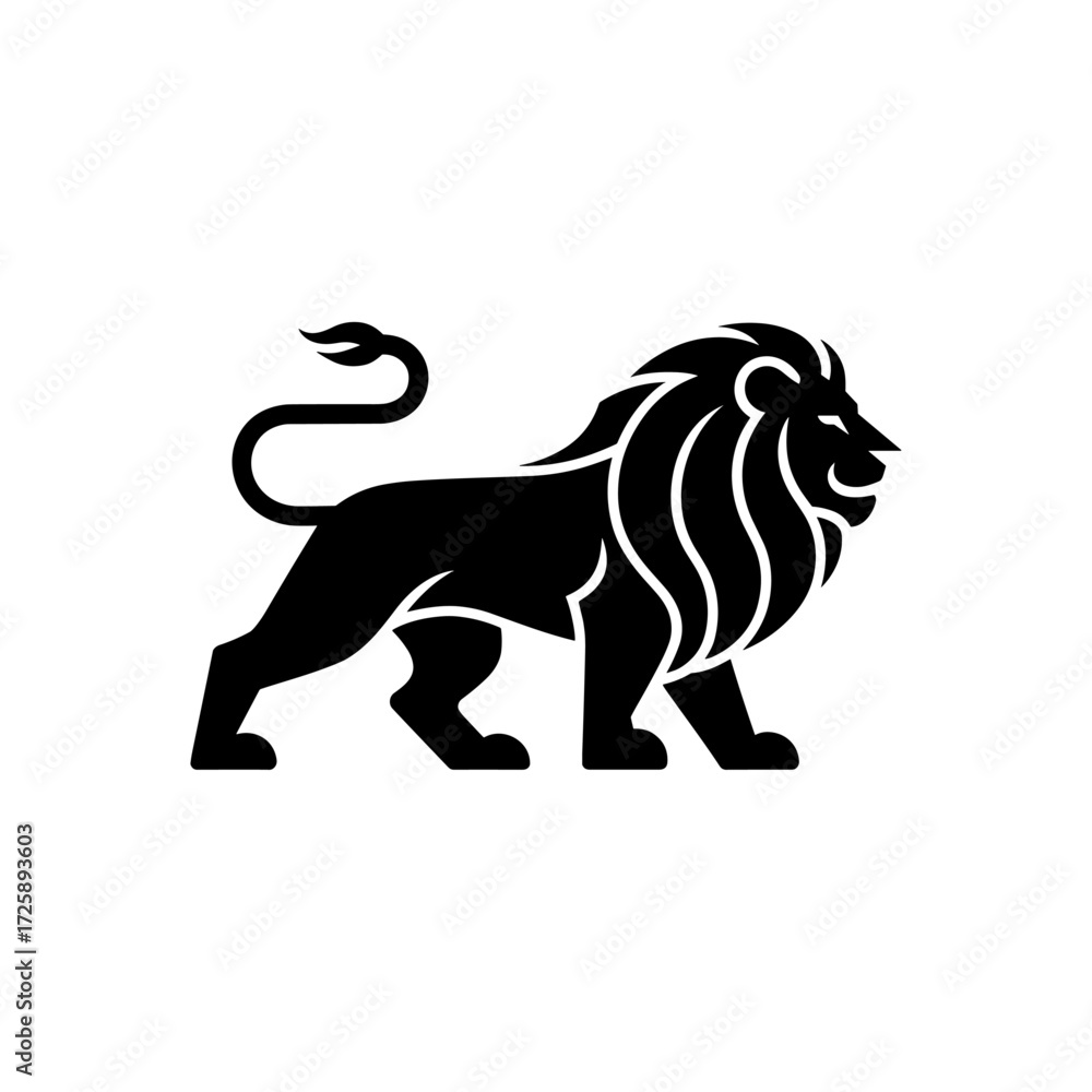 Obraz premium Vector lion silhouette logo, a stylish isolated king of the jangle lion head with flowing mane, a minimalist and deometric lion design on white background for logo, branding, and Illustration
