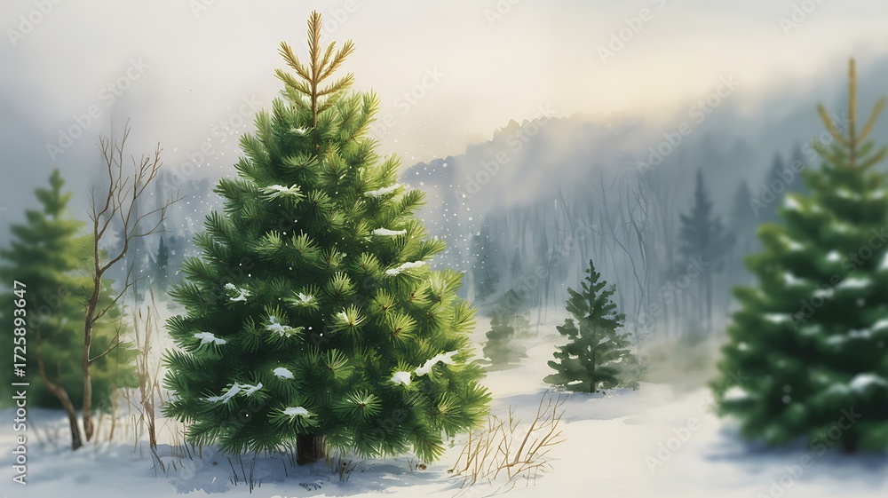 Fototapeta premium Winter forest scene with snow covered pine trees in soft light