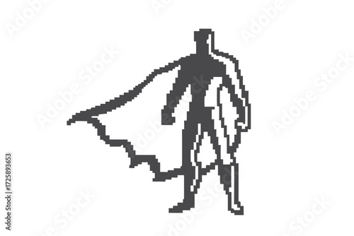 Pixelated superhero figure stands powerfully with their cape billowing on a clean white backdrop