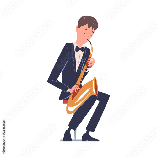 Man Musician Character Play Saxophone Musical Instrument on Stage Vector Illustration