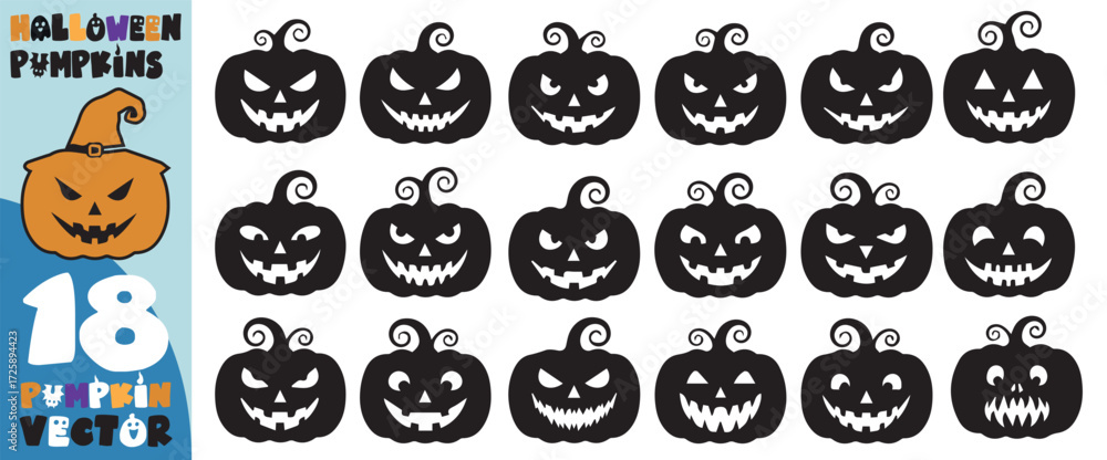 Obraz premium Collection of 18 spooky black silhouette halloween pumpkin jack o lantern faces with carved scary expressions and curly stems
