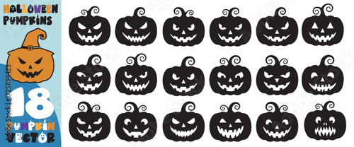 Collection of 18 spooky black silhouette halloween pumpkin jack o lantern faces with carved scary expressions and curly stems