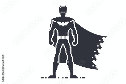 Pixelated superhero silhouette stands with cape flowing against a plain white background
