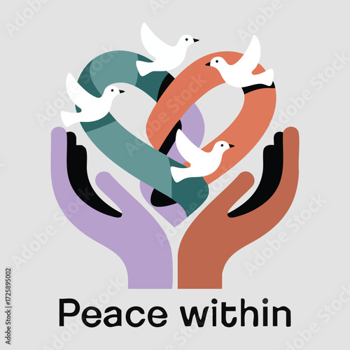 Vector illustration for International Day of Non-Violence featuring dove carrying olive branch, globe with floating hearts, candle of peace, and abstract geometric elements in solid colors.