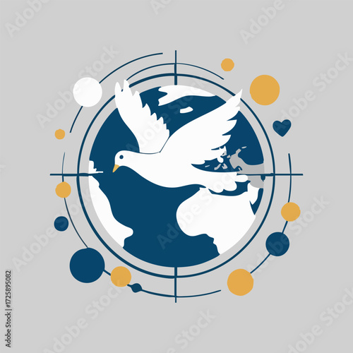 Scalable vector illustration of dove in geometric sky, globe with peace symbols, group holding hands circle, and abstract harmony elements, perfect for International Day of Non-Violence campaigns.