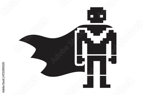 Pixelated superhero stands confidently wearing a cape in black and white color scheme
