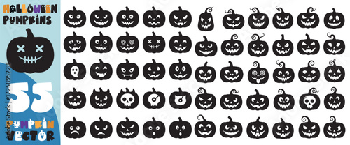 Collection of 55 spooky and fun halloween pumpkin faces silhouettes for festive decorations and creative projects