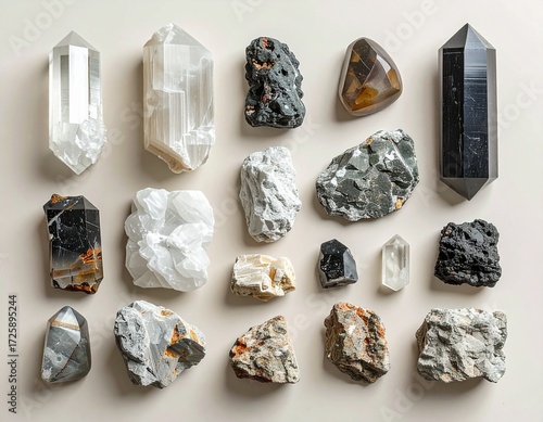 Assorted crystals displayed on a neutral surface in natural light