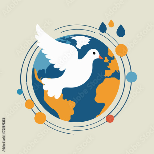 Minimalistic vector illustration celebrating International Day of Non-Violence with dove, peace hand sign, globe, heart symbols, and abstract harmony shapes in flat solid colors.