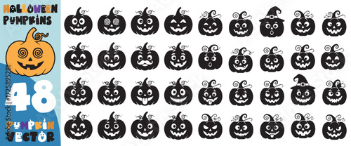 Collection of 48 unique hand drawn halloween pumpkin faces and characters with spooky and funny expressions for autumn holiday design
