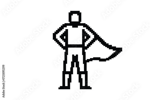 Pixelated superhero stands confidently with arms on hips and billowing cape on white
