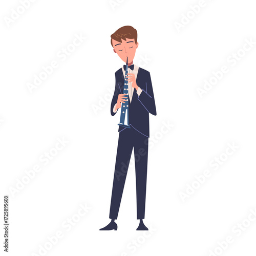 Man Musician Character Play Flute Musical Instrument Standing on Stage Vector Illustration