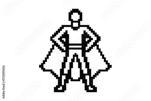 Pixelated superhero stands confidently with his hands on his hips and cape