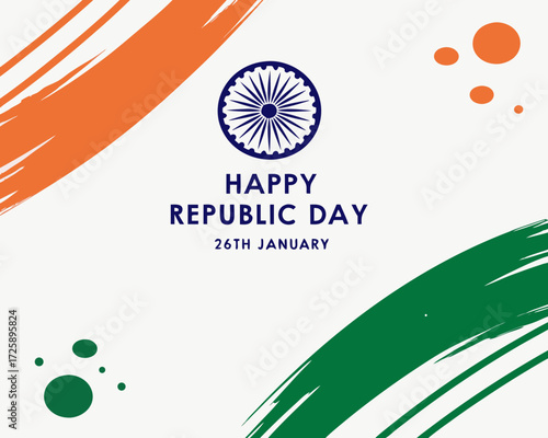 Happy Republic Day India Celebration with Ashoka Chakra and Tricolor Brush Strokes