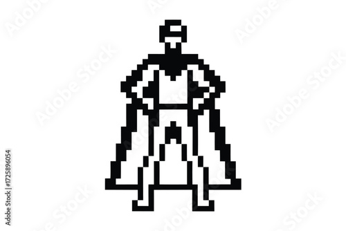 Pixelated superhero stands wearing a flowing cape and a cowl with retro gaming design