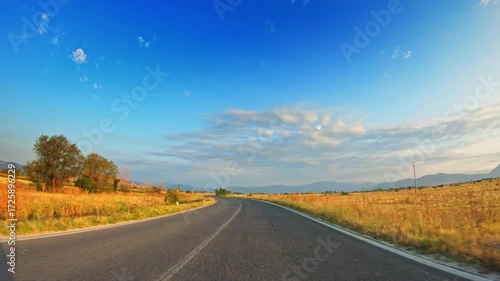 Bright summer day, cultivated golden fields, skyline, POV vehicle drive