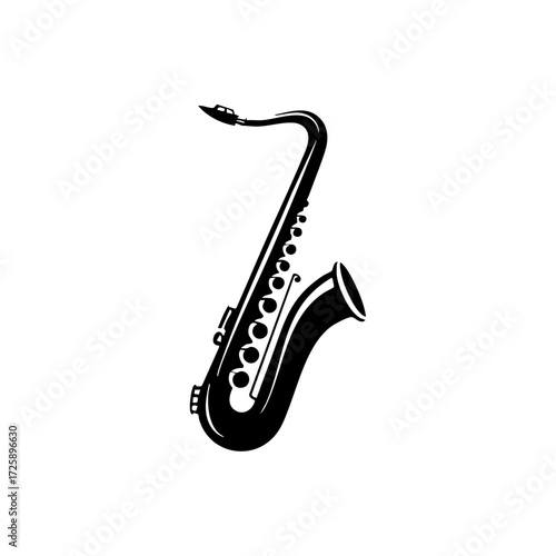 Detailed black silhouette of a saxophone, representing jazz music, musical performance, and artistic expression.
