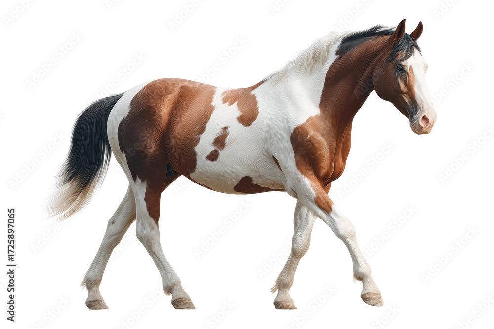 Obraz premium Elegant brown and white painted horse in motion, cut out