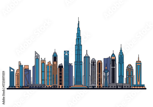 A futuristic city skyline with numerous tall skyscrapers.