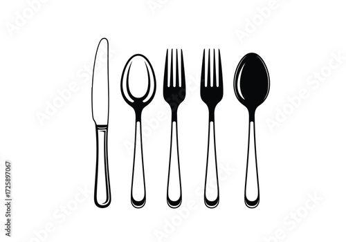A set of cutlery including a knife a spoon and two forks.
