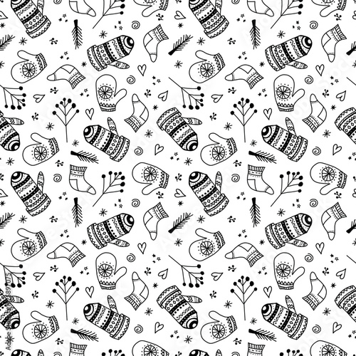 Pattern with New Year's mittens. Christmas drawing, fir tree branches, plants, Christmas trees, socks. Illustration for the holiday.