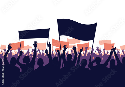 A crowd of people holding up banners and flags during a protest.