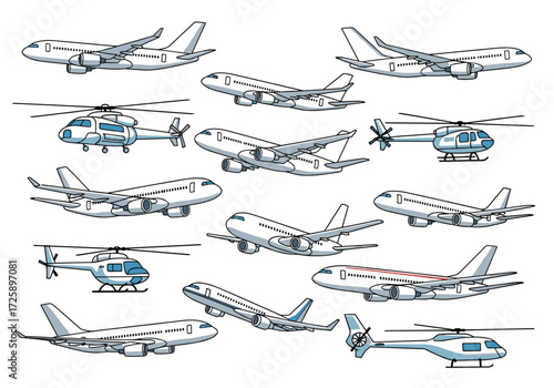 A collection of various aircraft including airplanes and helicopters in flight.
