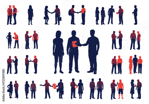Silhouettes of people engaged in business meetings and social interactions.