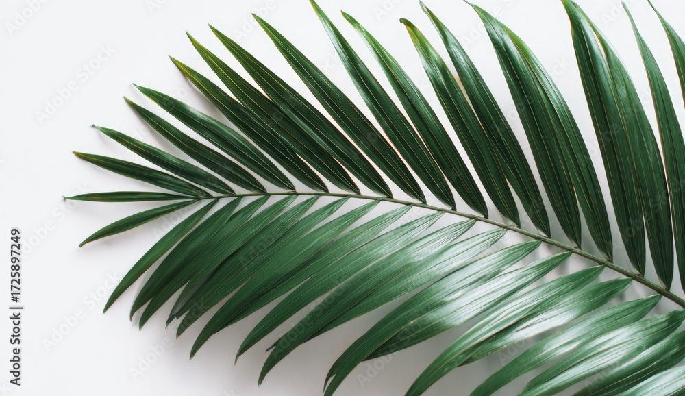 Obraz premium Close-up of a vibrant palm frond against a plain white background