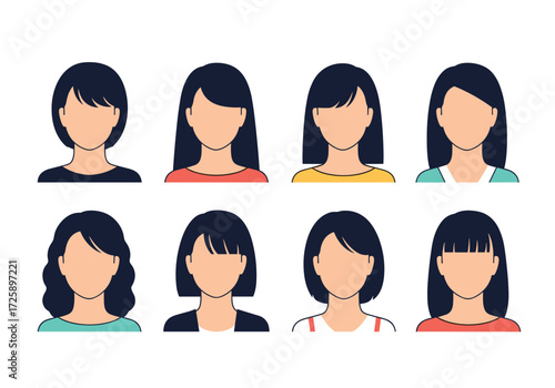 Diverse female avatars with various hairstyles and outfits representing different women.