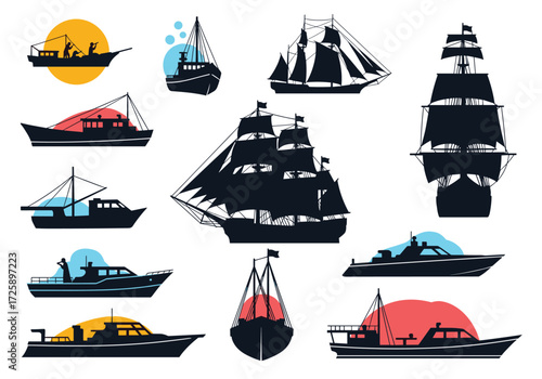 A collection of various boat and ship silhouettes at sunset.