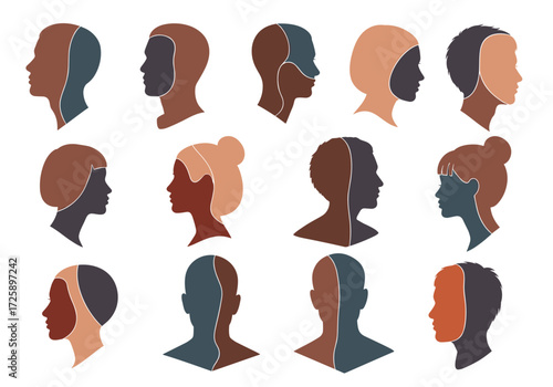Diverse human head profiles with split coloring.