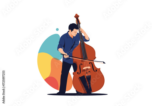 A man plays the double bass with a bow and abstract shapes.