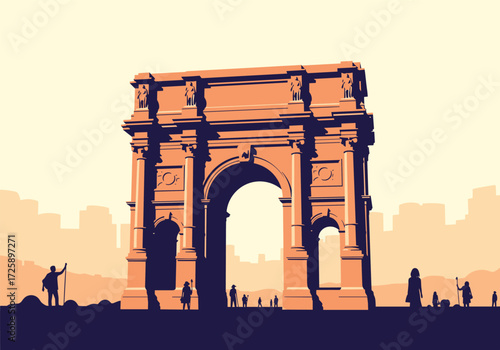 A pixel art depiction of an ancient triumphal arch at sunset.