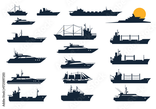 Collection of diverse maritime vessels silhouettes for transportation and recreation.