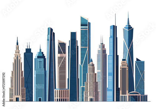 A diverse collection of modern skyscrapers stands tall against a white background.