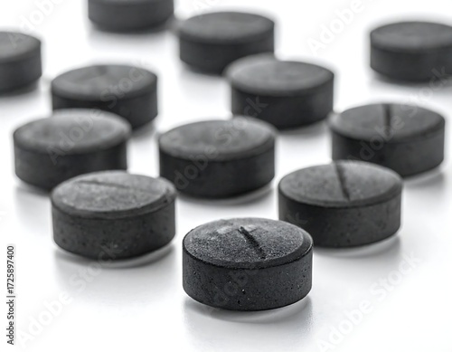 Dark gray pills arranged on white surface
