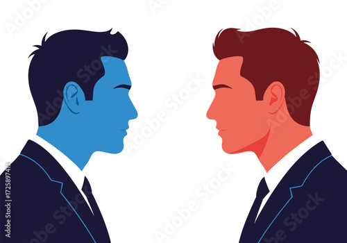 Two men in suits facing each other in opposition.