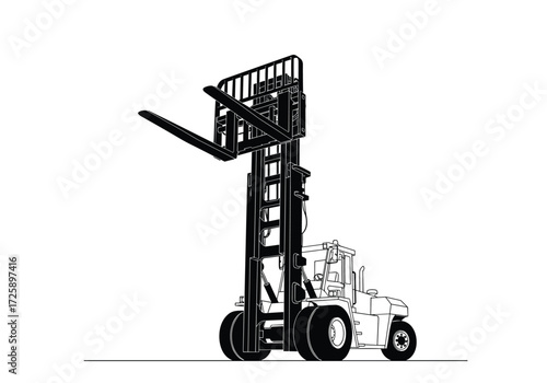 A tall forklift is lifting heavy loads in a warehouse setting.