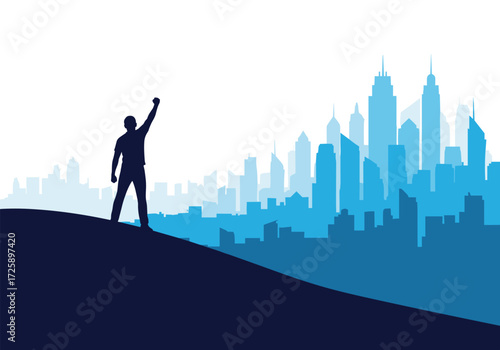 A person standing on a hill with their arm raised in victory against a city skyline.