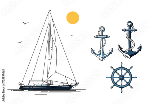 A classic sailing boat anchored near two nautical anchors and a ship's wheel.