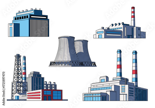 A collection of industrial factory illustrations in a pixel art style.