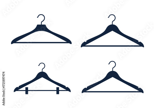 Four different types of black hangers for clothes on a white background.