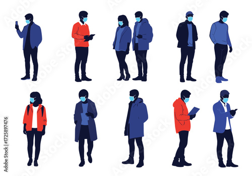 People wearing face masks in different poses and outfits.
