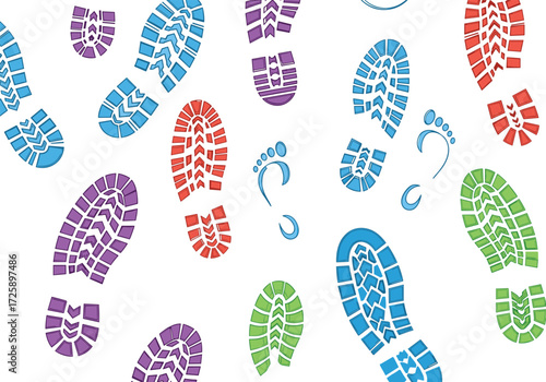 Colorful footprints and shoe prints scattered on a white background.