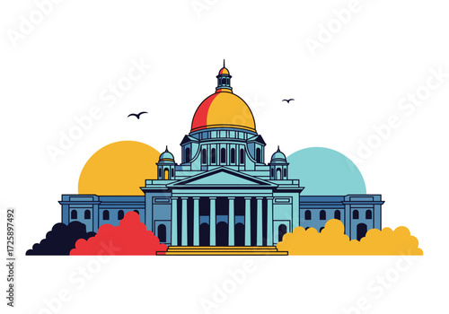 A colorful illustration of a domed building with abstract shapes.