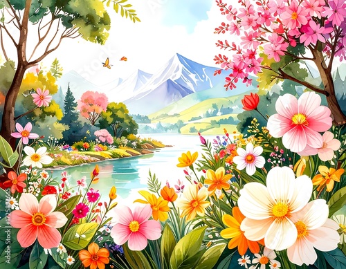 Vibrant springtime landscape with flowering plants bordering a calm lake and snow-capped mountains in the background